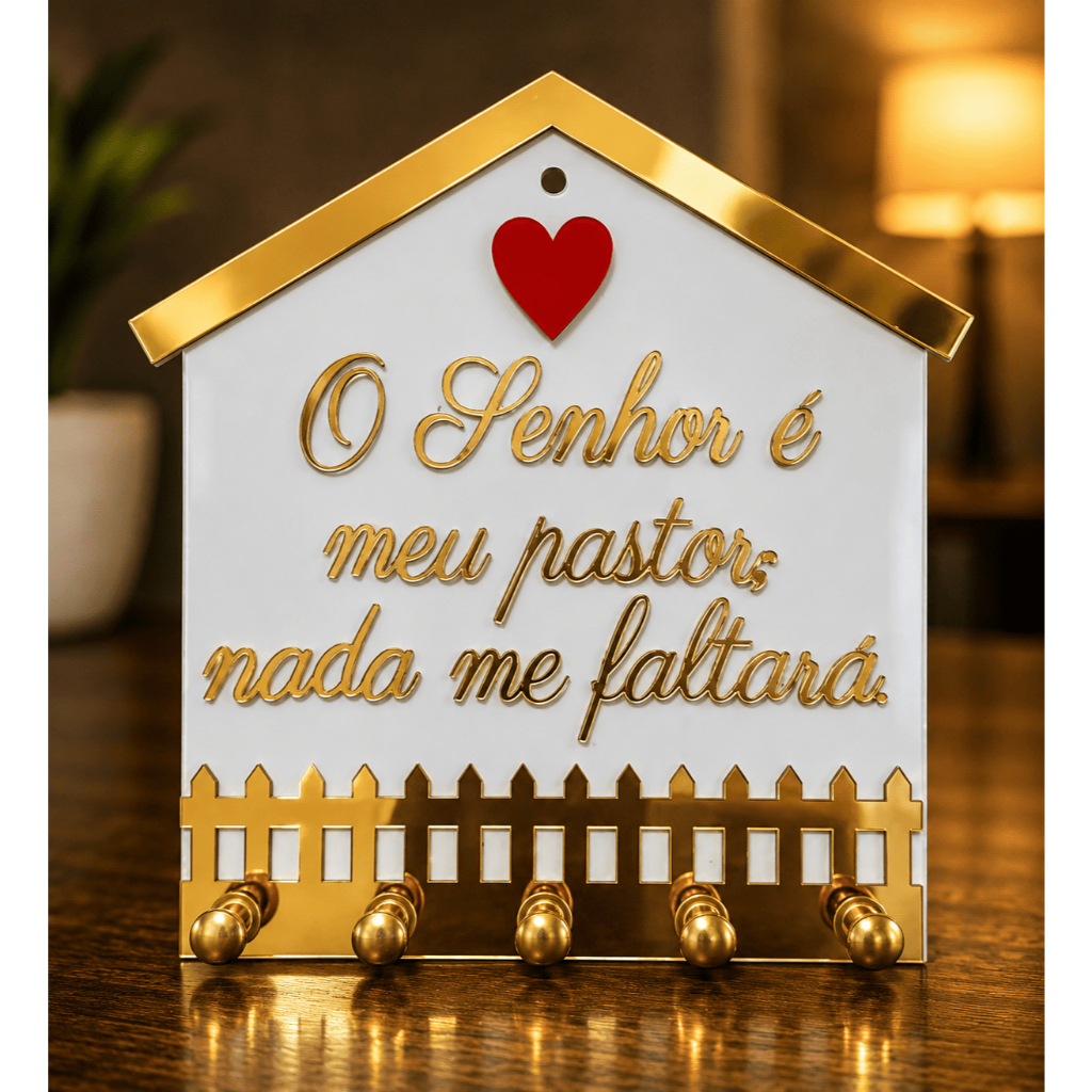 Porta-Chaves O Senhor é Meu Pastor ACM Branco Dourado 15x17cm