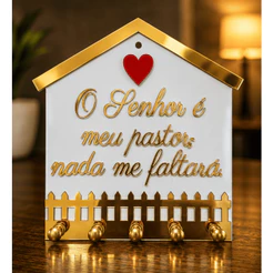 Porta-Chaves O Senhor é Meu Pastor ACM Branco Dourado 15x17cm