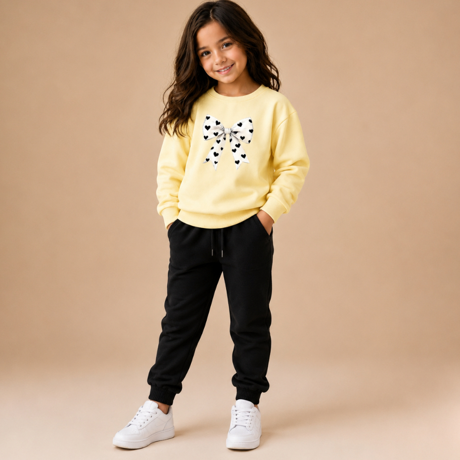 Conjunto De Moletom Infantil Feminino Laço Corações | Blusa Calça de Frio Peluciada Inverno Menina 2 ao 16 Casaco Roupa
