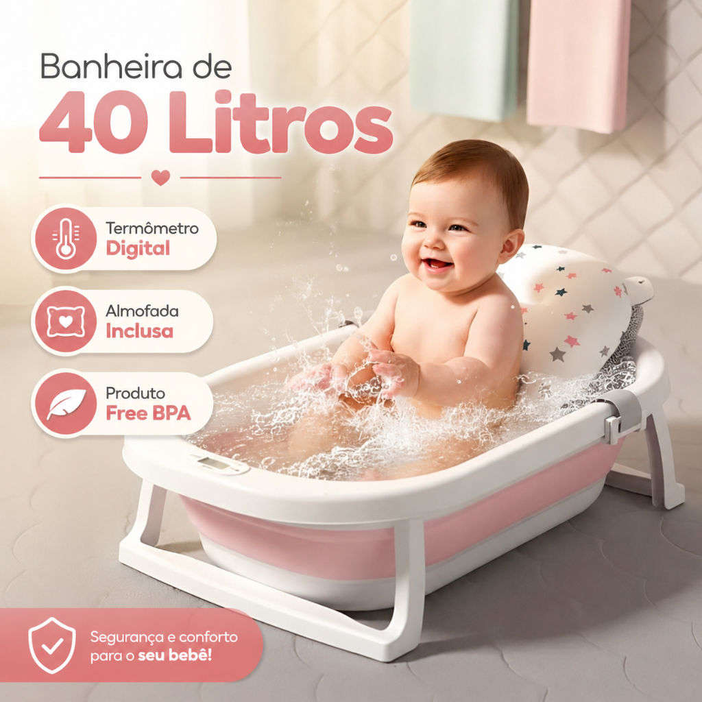 Banheira Dobrável Infantil Bebê Com Almofada E Termômetro