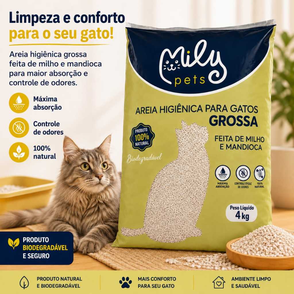 Areia Higiênica Biodegradável  de Milho e Mandioca GROSSA MILY PETS 4kg