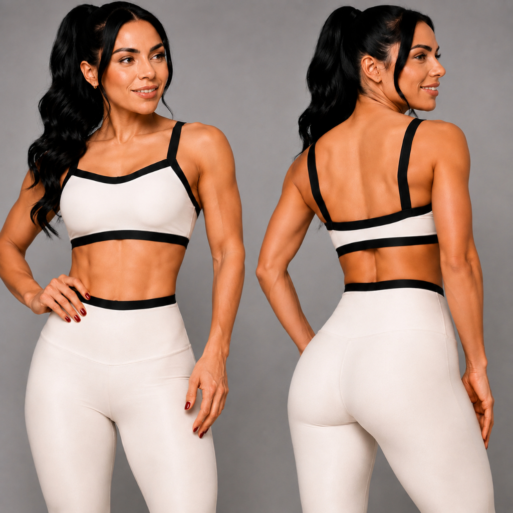 Conjunto Academia Fitness Feminino Top e Calça Legging Cintura Alta Compressão Canelado Zero Transparência
