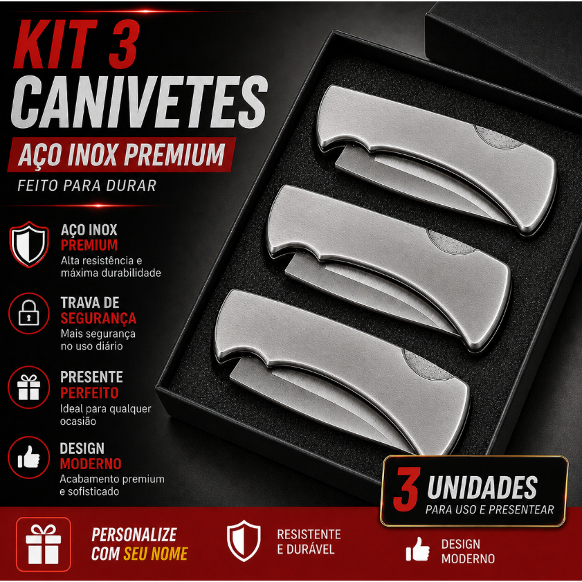 kit 3 Canivete Inox com clip de fixação, faca para frutas e legumes, Ferramenta de camping e aventura sobrevivencia
