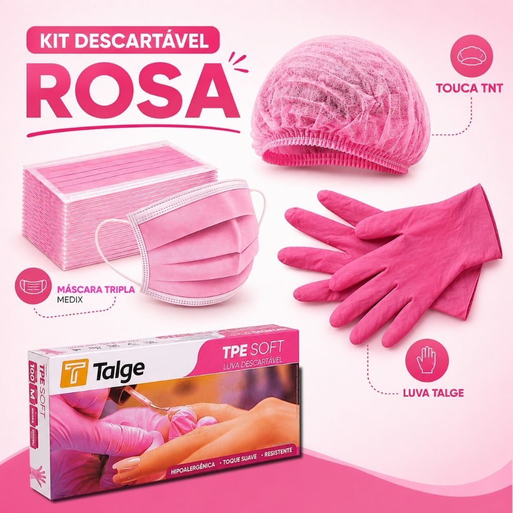Kit 100 Luvas + Toucas + Máscaras Rosa TNT - Luvas TPE Soft Descartáveis - LUVA TPE -