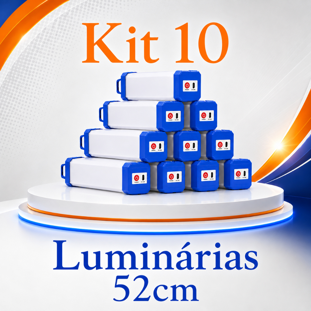 Kit 10 Lâmpadas LED Recarregáveis USB 60W 52cm com Ímãs e Gancho para Emergência Residencial Oficina Viagens e Aventuras