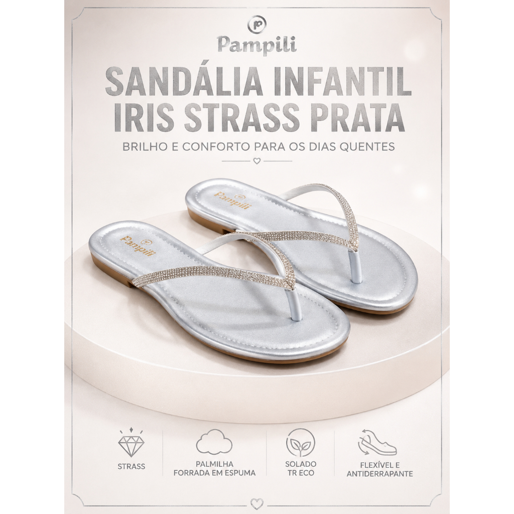 Sandália Infantil Feminina Pampili Íris Prata com Strass Rasteirinha Confortável Antiderrapante Festa Menina