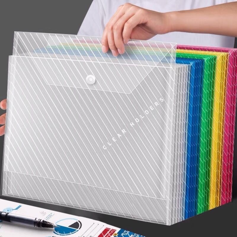 Bolsa de arquivo A4 transparente reforçada, impermeável com botão de pressão