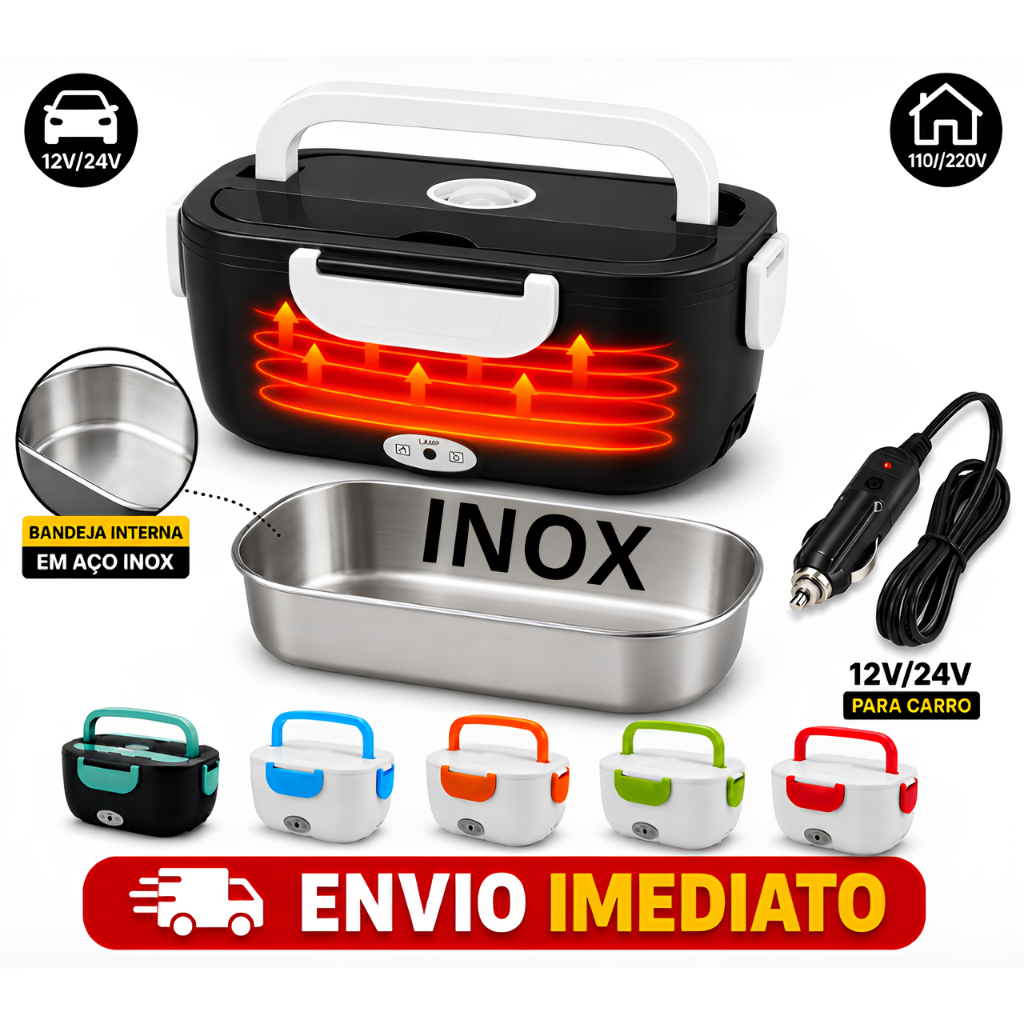 Marmita Elétrica Aço Inox Para Carro/Caminhão 1.5L Tomada Bivolt 110V/220V e 12V/24V - Marmita Térmica Para Comida