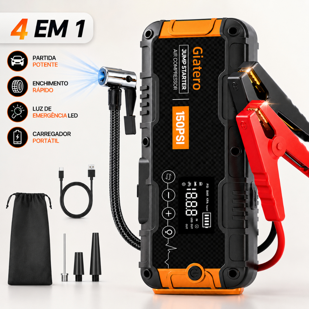 Auxiliar Partida Bateria Compressor Ar Emergência Portátil,8000mAh Auxiliar De Partida Bateria Veicular Com Power Bank