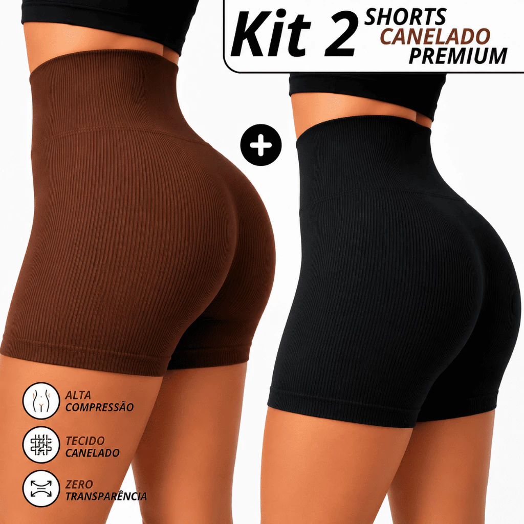 Kit 2 Shorts Canelado Cintura Alta Sem Costura para Academia Zero Transparencia Feminino Fitness Alta Compressão — imagem 1