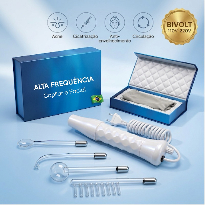 Alta Frequência Portátil Bivolt com 4 Eletrodos Tratamento Facial, Capilar e Limpeza de Pele