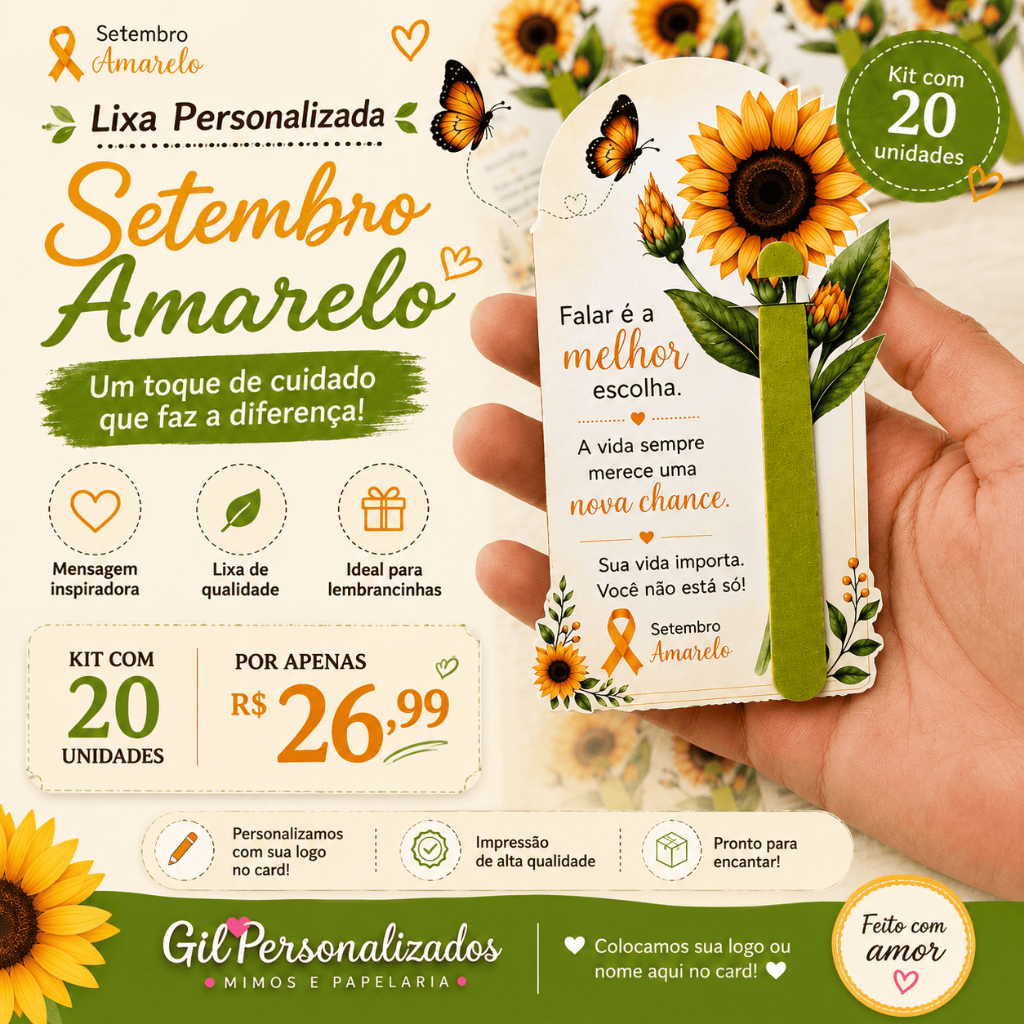 20 Lixas Personalizadas Setembro Amarelo Lembrancinha para Empresas e Eventos