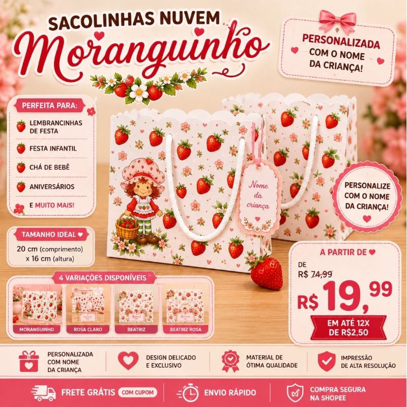 Sacolinha Personalizada Nuvem Moranguinho | Lembrancinha Festa Infantil | Pegue e Monte