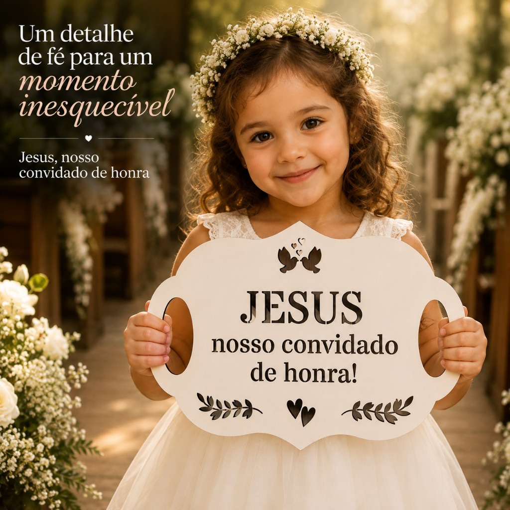 Placa para Daminha, Entrada da Noiva - MDF TX Branco - Jesus nosso Convidado de Honra - Plaquinha Casamento