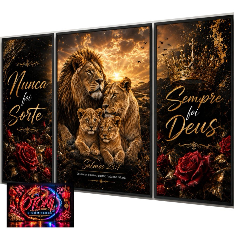 Quadros Decorativos Família Leão Religioso Rosas Vermelhas 3 Peças Decoração Sala Quarto Escritório Decoração