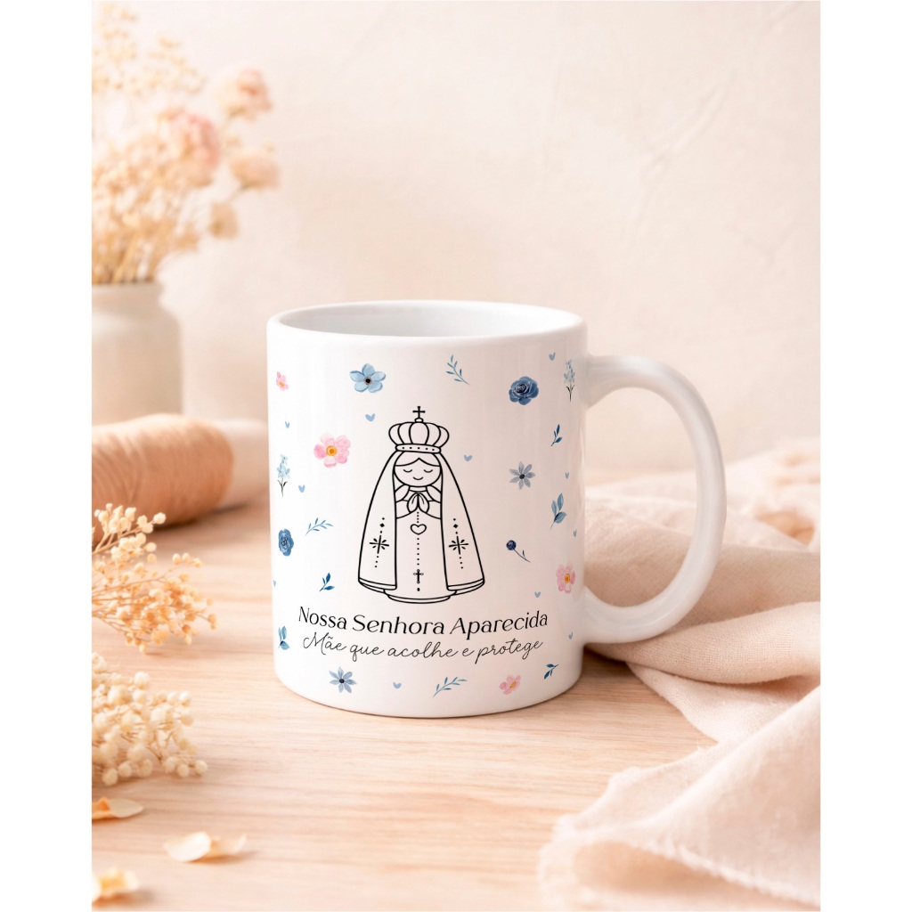 Caneca Religiosa | Nossa Senhora Aparecida | Presente Católico | Santinhos Minimalista