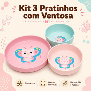 Kit 3 Pratos Com Ventosa Kouii Filhotiis Borboleta Pipa