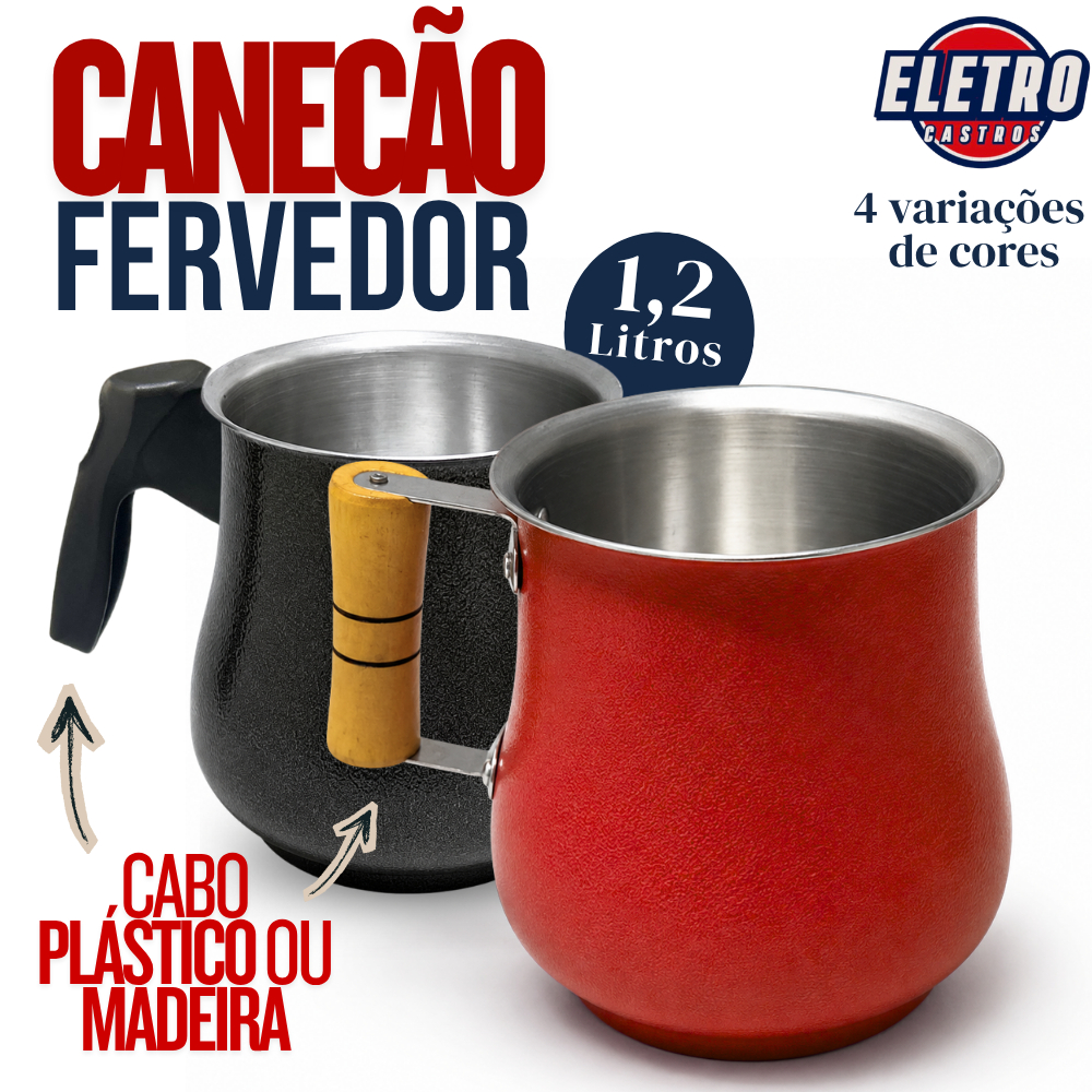 Canecão Fervedor de Alumínio 1,2 Litros Leiteira para Leite Café Chá com Cabo Madeira ou Plástico