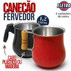 Canecão Fervedor de Alumínio 1,2 Litros Leiteira para Leite Café Chá com Cabo Madeira ou Plástico