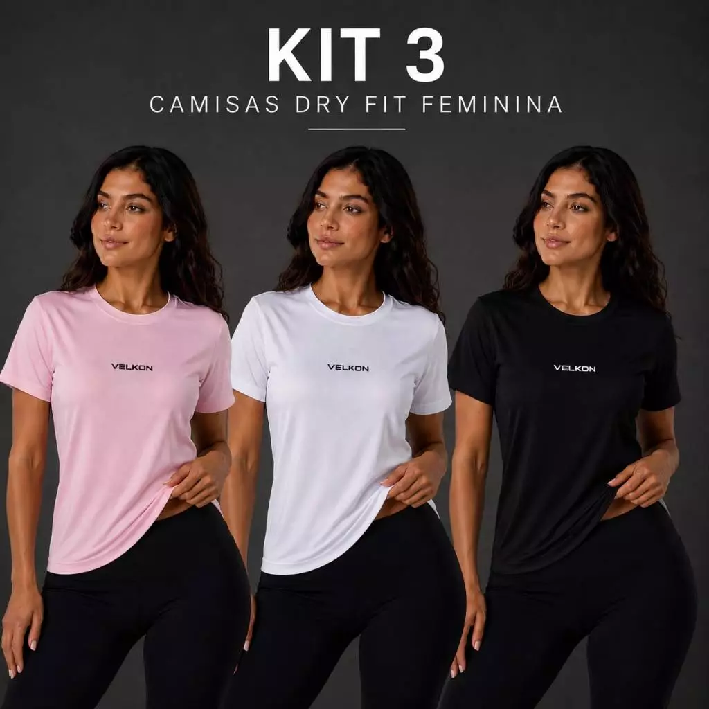 Kit 3 Camiseta DryFit Feminina VELKON P ao GG Tecido Furadinho Respirável Gola Redonda - Casual Academia Corrida — imagem 1
