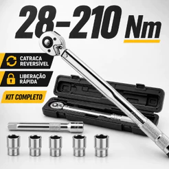 Kit de Torquímetro 8/11 Peças De Estalo 28-210Nm Reversível com Liberação Rápida e Função de Catraca