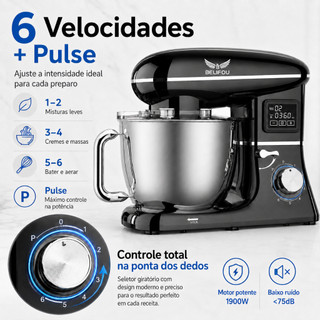 Batedeira Planetária 3 em 1 Belifou 1900W Tigela Inox 6,2L com Timer LED 6 Velocidades e Pulse