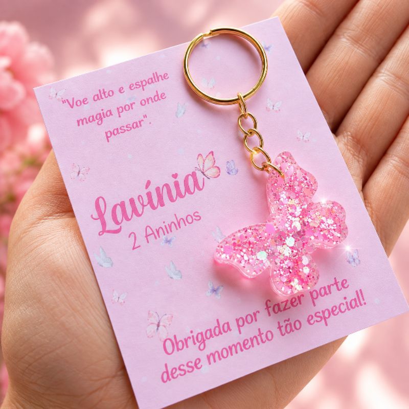 Kit 50 Chaveiros Borboleta Personalizados com Glitter Lembrancinha|Aniversário|15 Anos|Nascimento|Maternidade|Menina