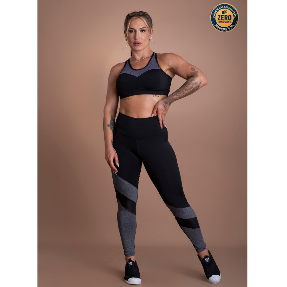 Conjunto Fitness Feminino Calça Legging Cintura Alta Recorte Perna E Top Nadador Tela Academia ZERO TRANSPARÊNCIA