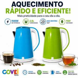 Chaleira Elétrica Jarra 2,5 Litros Aquecimento Rápido 1500W Base Giratória 360° 110V Café