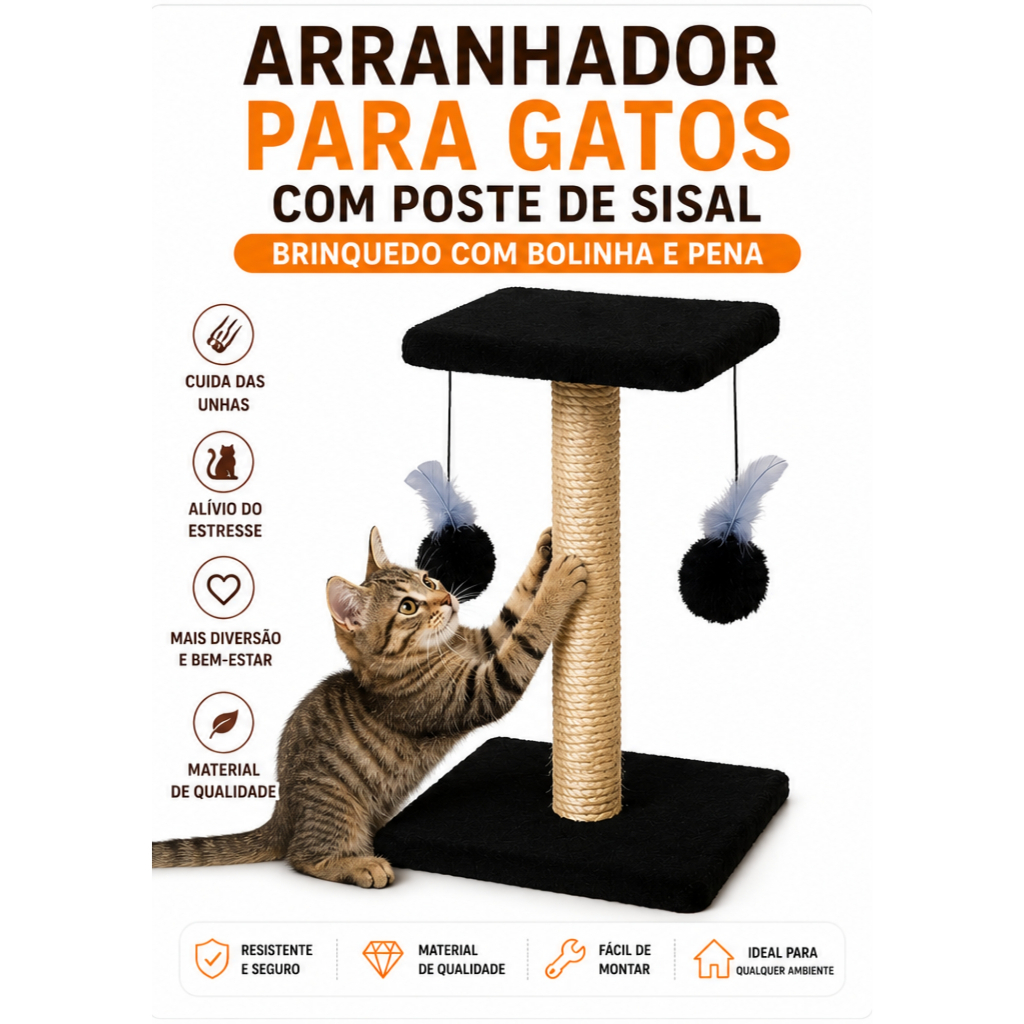 Arranhador Para Gatos Com Poste De Sisal Base Dupla Brinquedo Bolinha E Pena