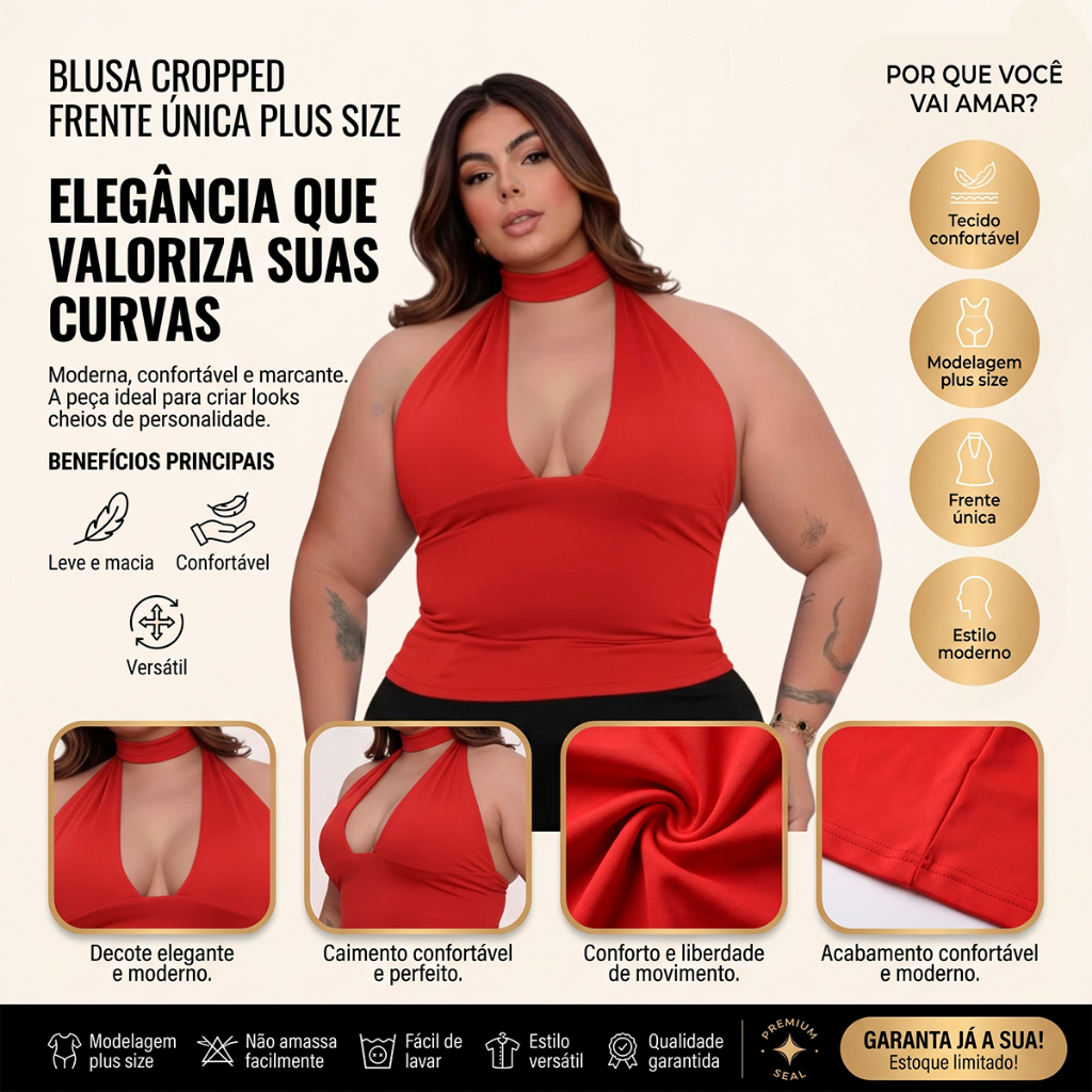 Blusa Cropped Amarração Frente Única Plus Size Moda Gringa Suplex MultiForma Forrado Vermelho Branco