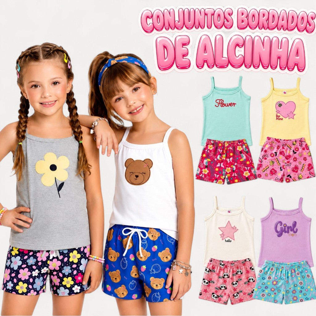 Kit Infantil Feminino 8 Peças de Alcinha Bordados Verão Menina 1 ao 16