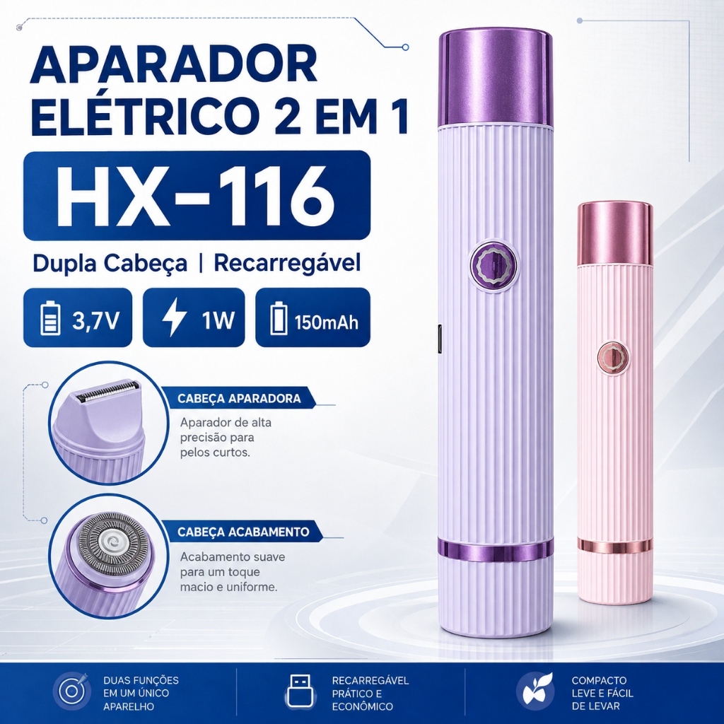 Depilador Aparador Elétrico Dupla Cabeça Recarregável 2 em 1 Feminino Corpo Rosto Axila HX-116