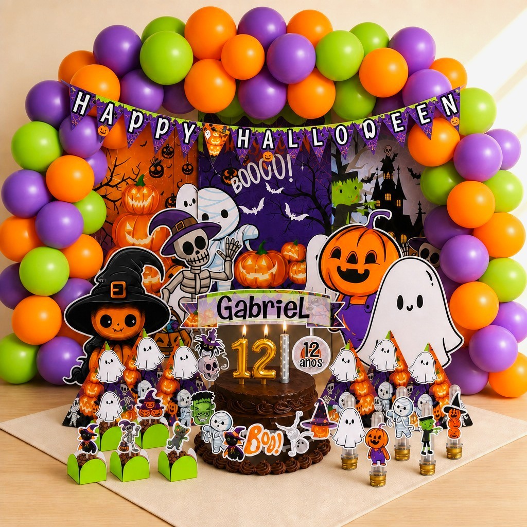 Kit Festa Halloween BOO Personalizado 78 Itens Decoração Dia das Bruxas Mesversário Lembrancinhas