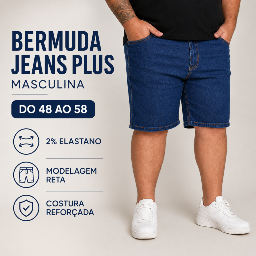 BERMUDA JEANS PLUS SIZE MASCULINA TAMANHO GRANDE DO 48 AO 58 GG CONFORTAVEL PREMIUM COM ELASTANO