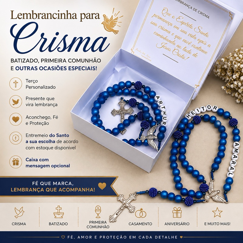 TERÇO PERSONALIZADO LEMBRANCINHA DE CRISMA BATIZADO BOLAS FOSCAS PRIMEIRA COMUNHÃO