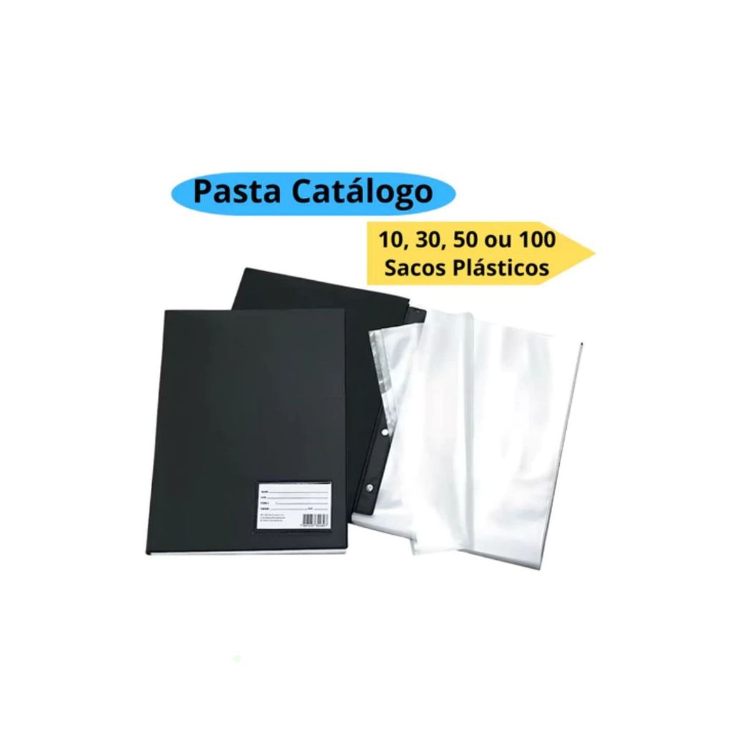 Pasta Catálogo Preta ACP – 10, 30, 50 e 100 Envelopes Plásticos Finos