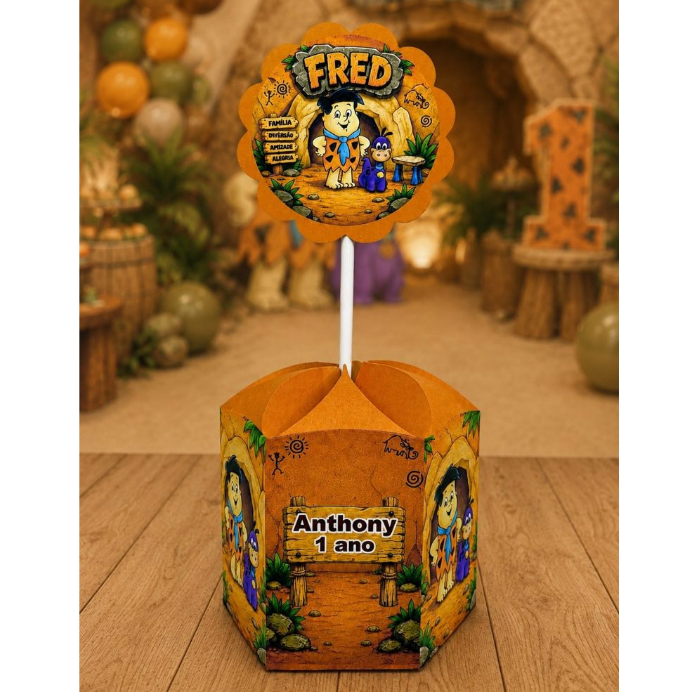 Centro de Mesa Fred Flintstones Pegue e Monte Caixa Sextavada Personalizada Lembrancinha Festa Infantil