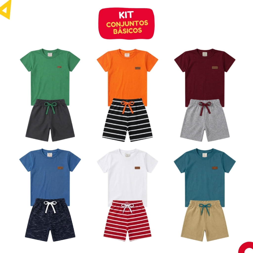 Kit 4 Peças Roupa Básica Infantil Menino Conjunto Liso Verão Algodão - 2 Camisetas + 2 Bermudas
