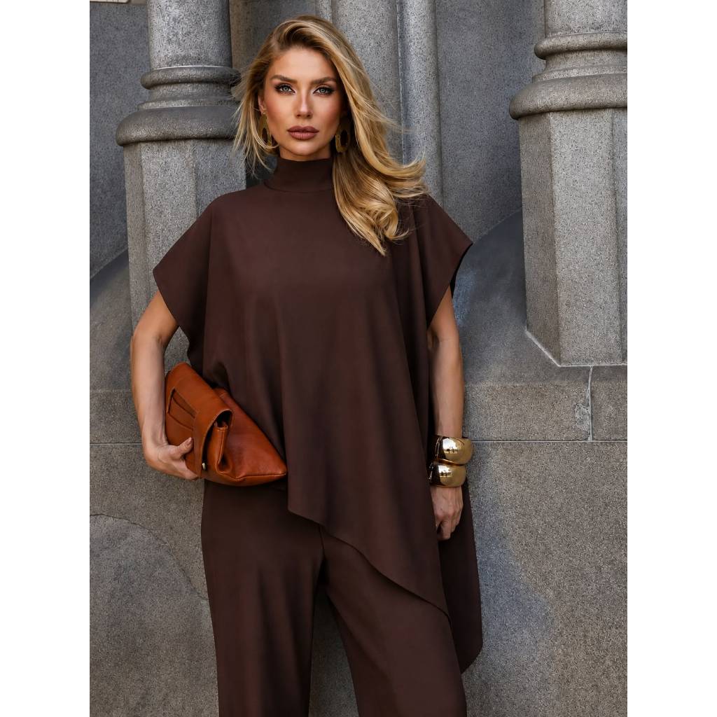 Conjunto Assimétrico Feminino gola alta elegante Outono Inverno Calça Pantalona com Blusa alongada