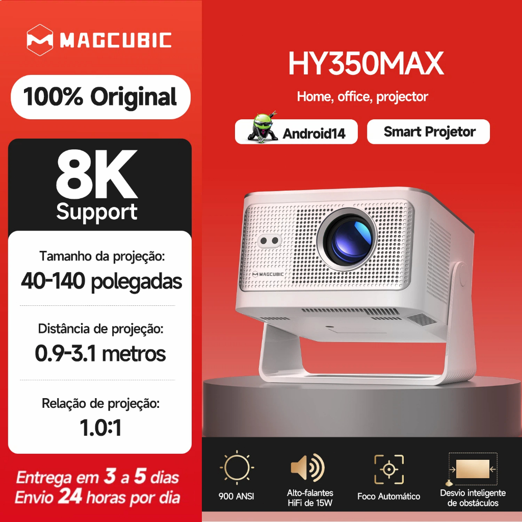 Magcubic Projetor HY350max 900 ANSI Android 14 Correção Inteligente Chip H726 Foco Automático WIFI6 BT5.4 Home Theater