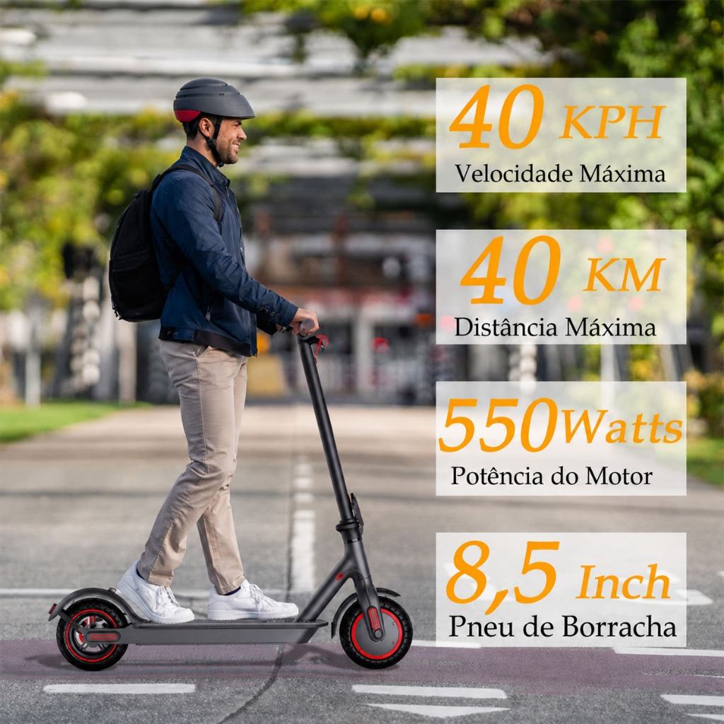 Patinete Elétrico Adulto 550W 36V, Bateria 7.5AH, 40km Alcance, Suporta 150kg, Bluetooth, Portátil, Rodas 17