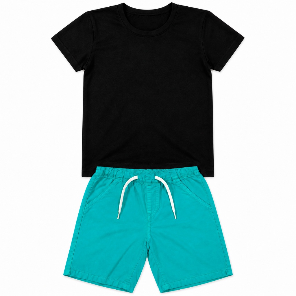 Kit Infantil Camiseta Lisa Criança Short Sarja Meninos Verão 100% Algodão Unissex Simples Familia
