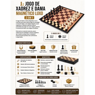 Jogo Xadrez E Dama Tabuleiro Imã Profissional  30X30CM Dobrável Estojo Portátil Magnético