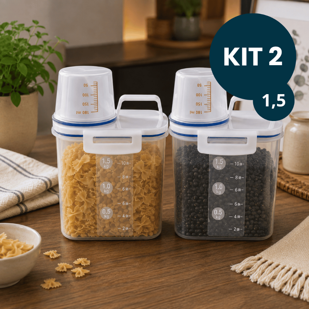 Kit 2 Pote Dispenser Hermético 1,5L Copo Medidor Bico Dosador Cereais Arroz Ração Sabão Multiuso