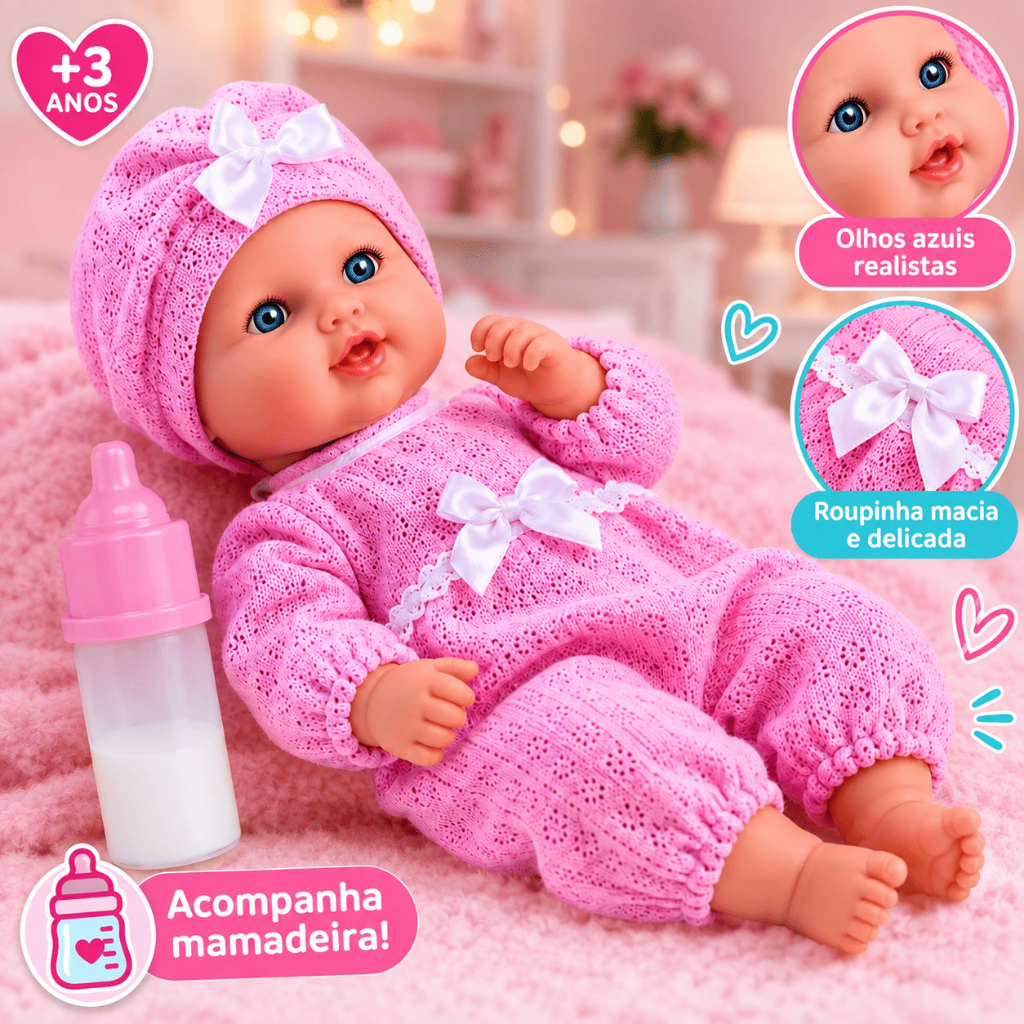 Boneca Reborn Bebê Soft em Vinil Macio com Mamadeira Mágica