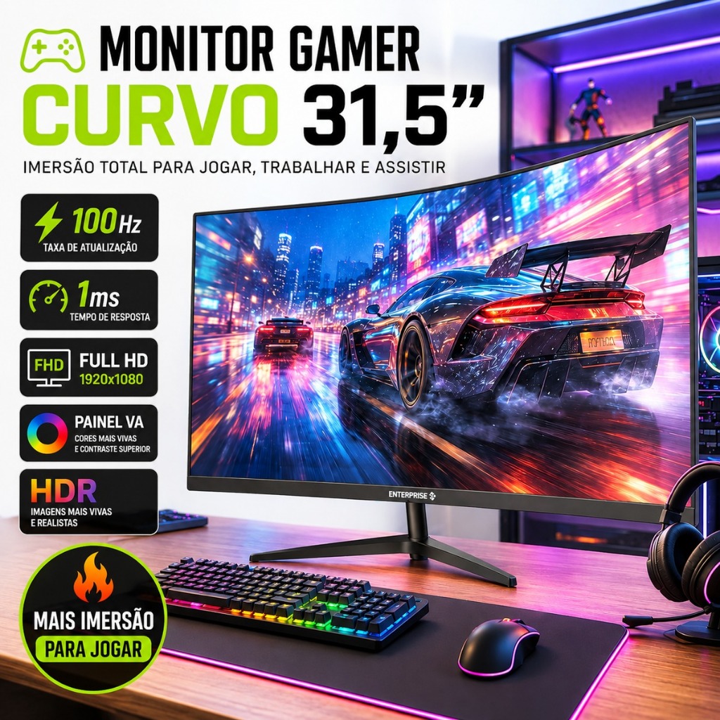 Monitor Gamer Curvo 31.5" 100Hz 1ms Full HD FreeSync HDR HDMI VA