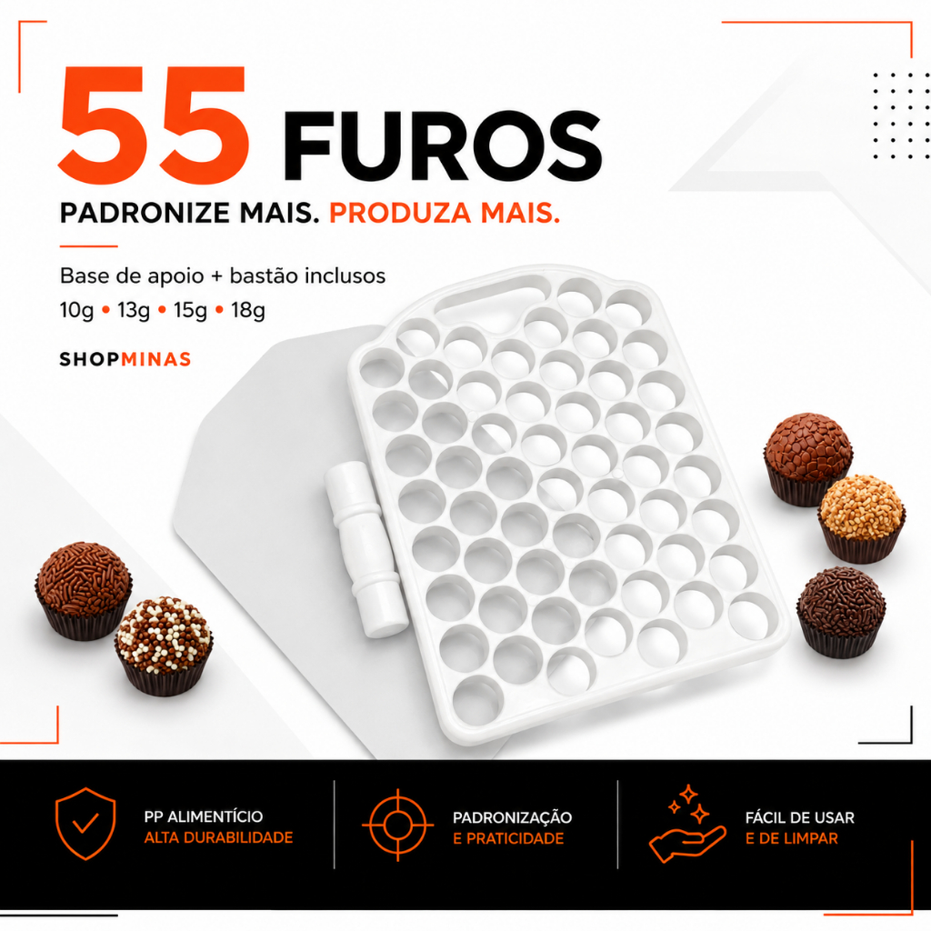 Placa Porcionadora 55 Furos 10g 13g 15g 18g – Dosadora de Doces Brigadeiro Beijinho Confeitaria