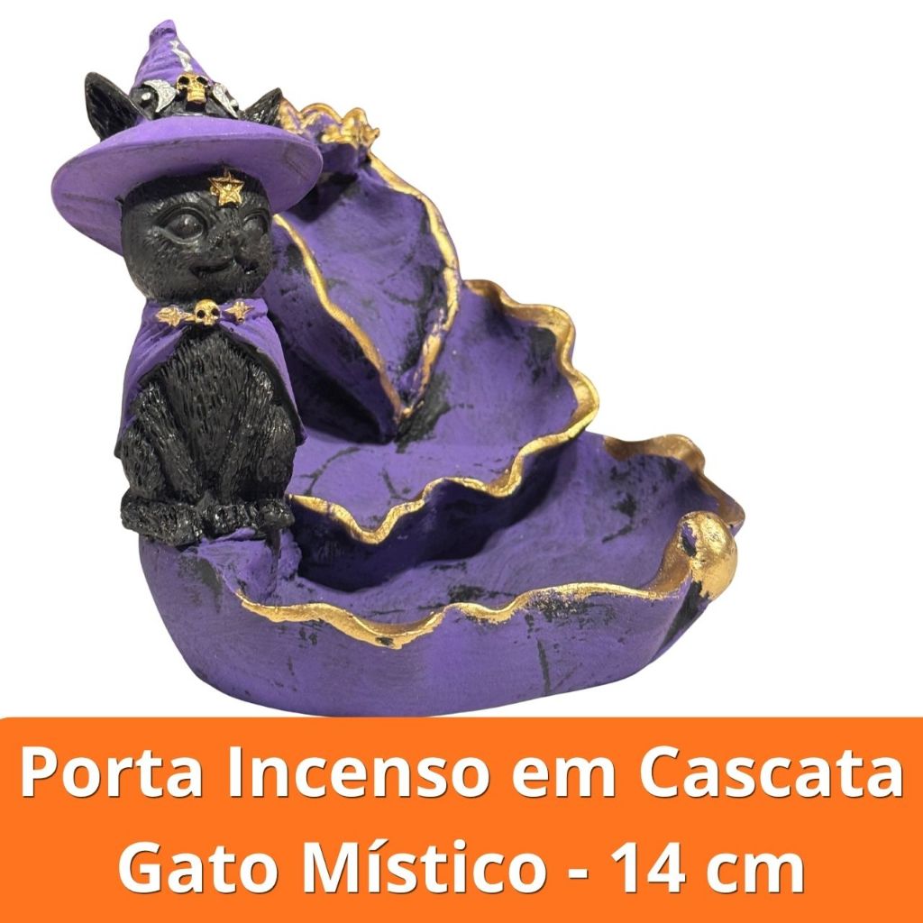 Imagem Porta Incenso em Cascata - Gato Místico - Resina Premium 14 cm - Decoração Incensario