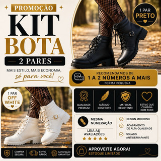 Kit 2 Pares Bota Feminina Cano Curto Coturno Moda 2025 – Confortável e Estilosa Preto e Off White